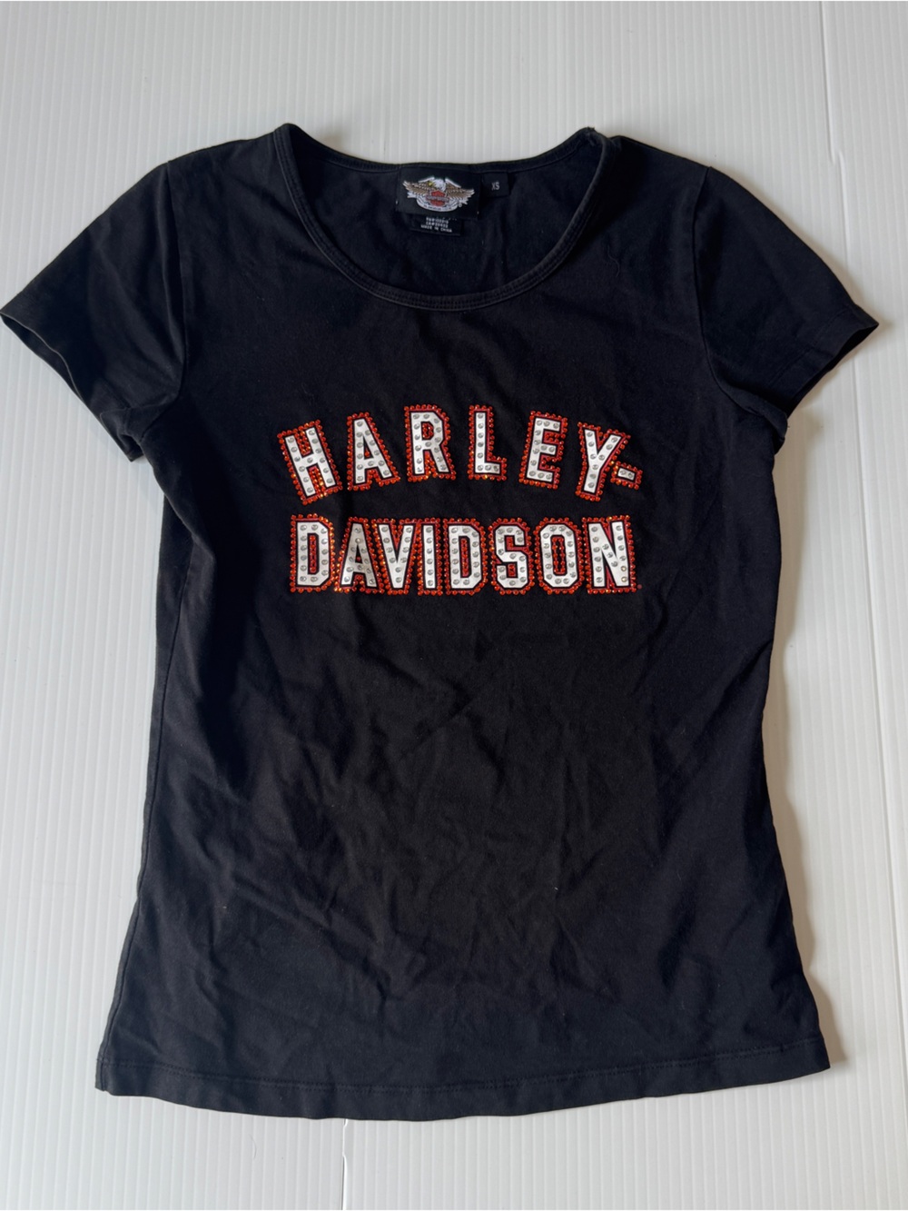Harley Davidson Rhinestone Logo Tee XS Black Y2K Biker Baby Tee Motorcycle Goth
